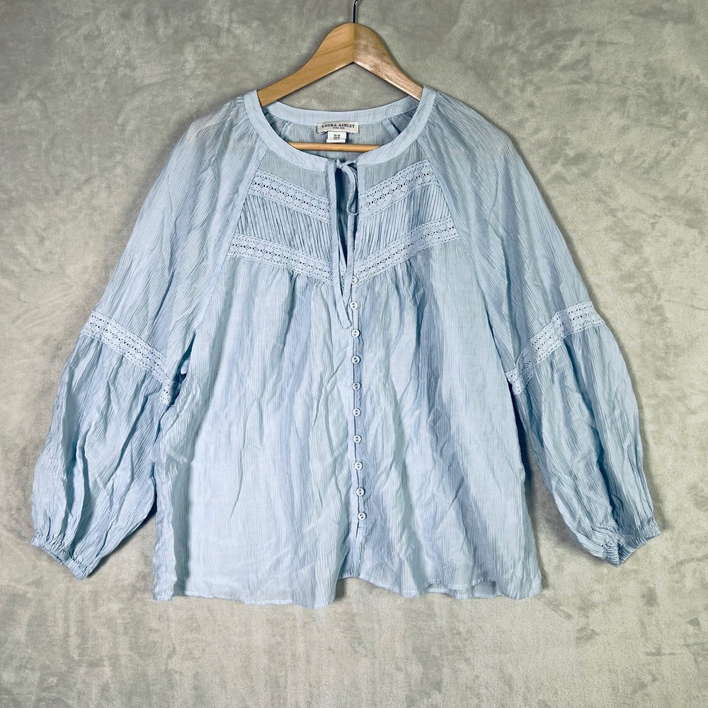 Laura Ashley Blouse 1X Blue Lyocell Lace Pintuck Peasant Boho Balloon Sleeve